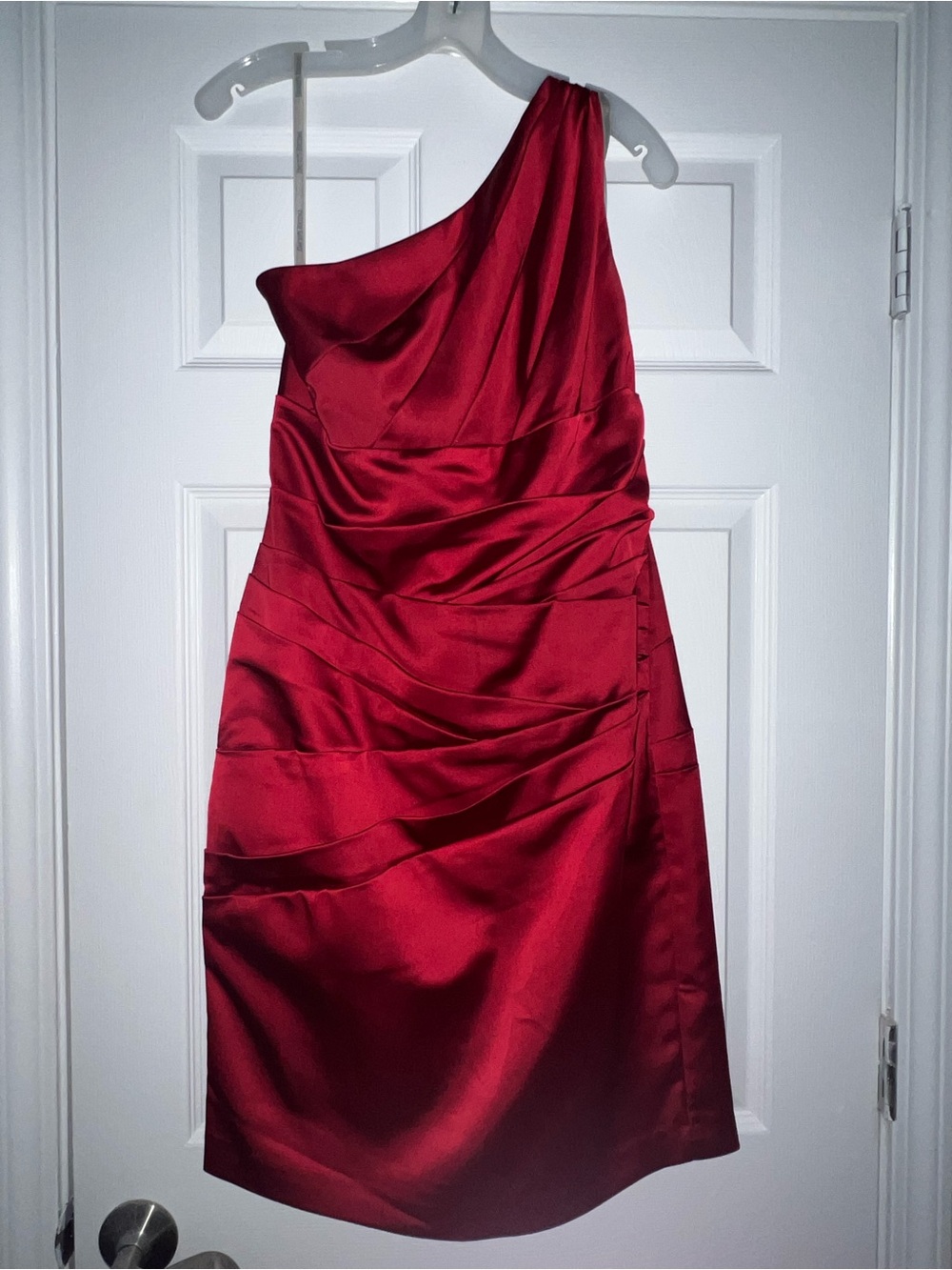 David's Bridal One-Shoulder Satin-Finish Red Cocktail Dress